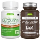 Levende kulturer+ Lab4 Probiotika + høy absorpsjon Curcumin C3 Complex Vegan Bundle, 25 milliarder CFU Probiotika, Ikke-Bloating Prebiotic + 300% større absorpsjon Curcuminoids med Rapid Uptake, Av Igennus