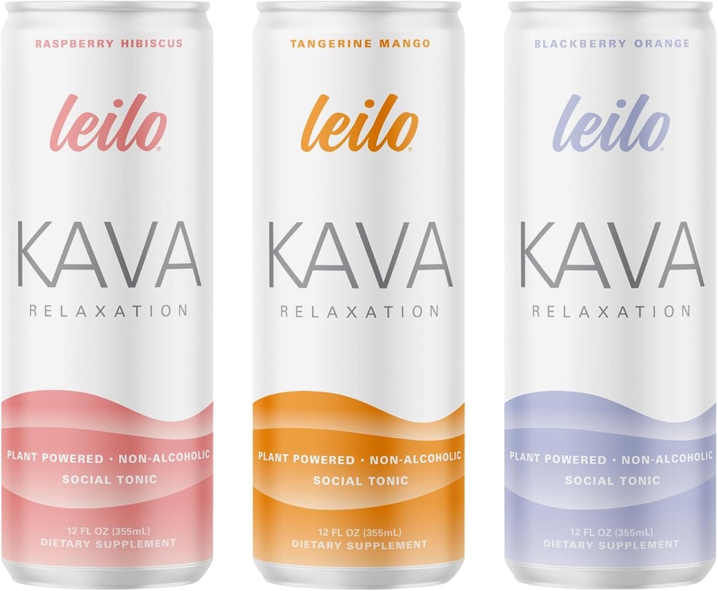 LEILO | Kava drevet sparkende avslappende drikke | Classic Variety-Pack – Inkluderer: Raspberry Hibiscus, Tangerine Mango, BlackBerry Orange | 12 fl oz Cans (pakke av 12)