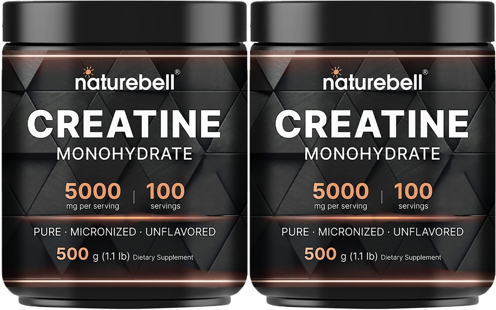 NatureBell 2 Pack Kreatin Monohydrat Powder 500g, 5000mg Per Serving | Mikronisert, ren og uovertruffen | Pre-Workout Muskelstøtte | Keto, Vegan, Fillerfri | 200 serveringer (2,2 lb)