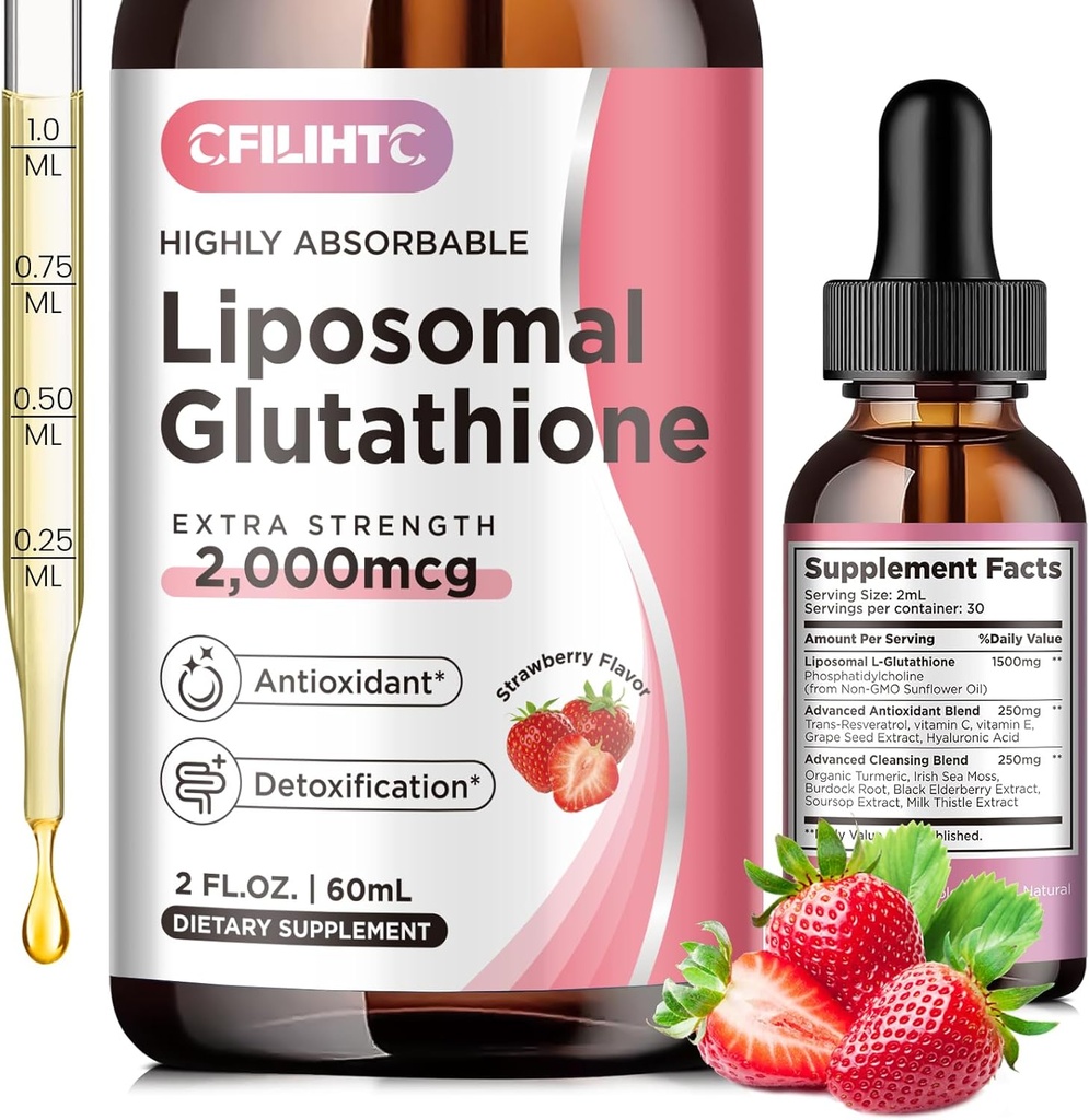 Liposomal glutation flytende dråper, glutation flytende kosttilskudd, aktiv form L-glutatione, med vitamin C, lever detox, antioksidant for anti-aldring, immun og rengjøring, Jordbær Flavor, 2 FL.OZ
