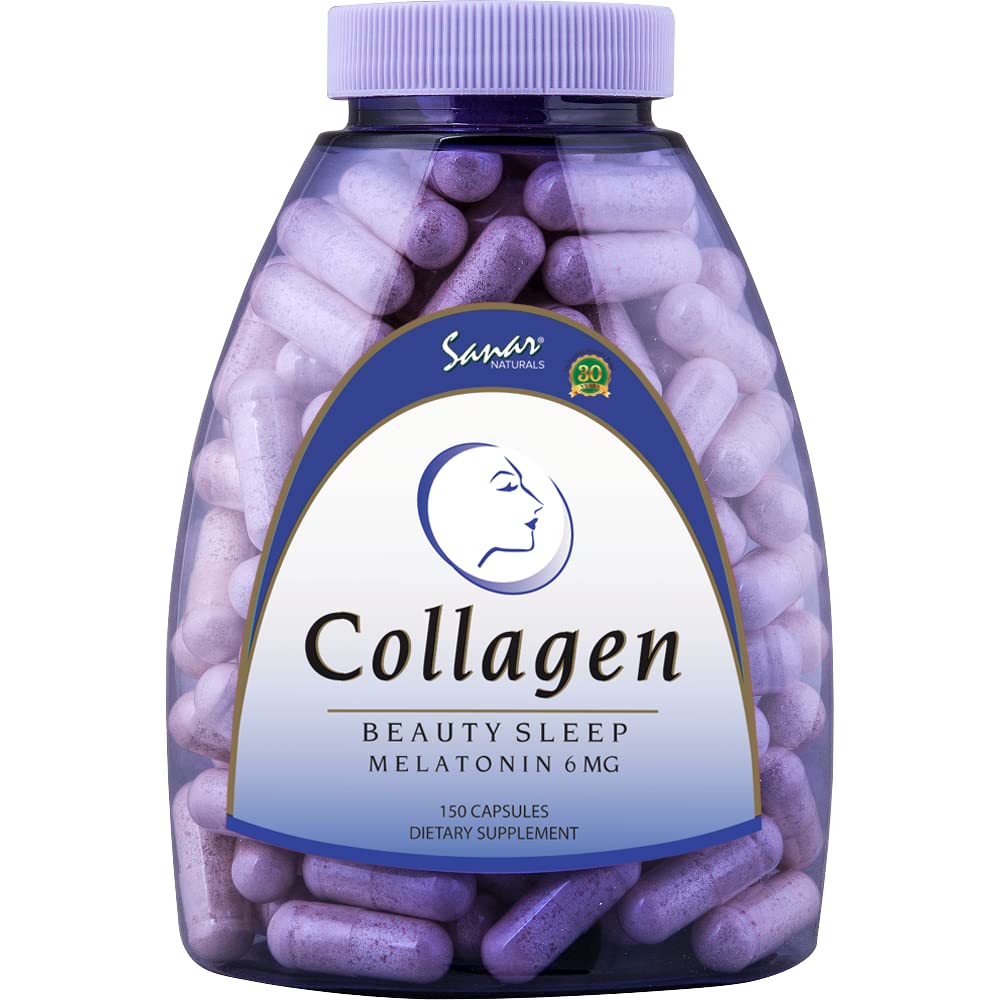 Sanar Naturals Collagen Piller Skjønnhet søvn med melatonin 6 mg - Økt hår Hud Nagler Joints - Hydrolysert Collagen Peptider Supplement, 150 kapsler