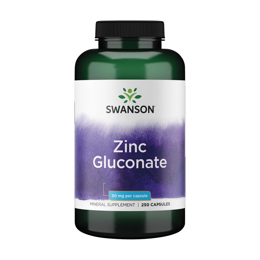 Swanson Zink Gluconate - Mineral Supplement som fremmer prostate helse, visjon helse, og immun støtte - Gluconate Form for optimal absorpsjon - (250 kapsler, 50 mg hver)