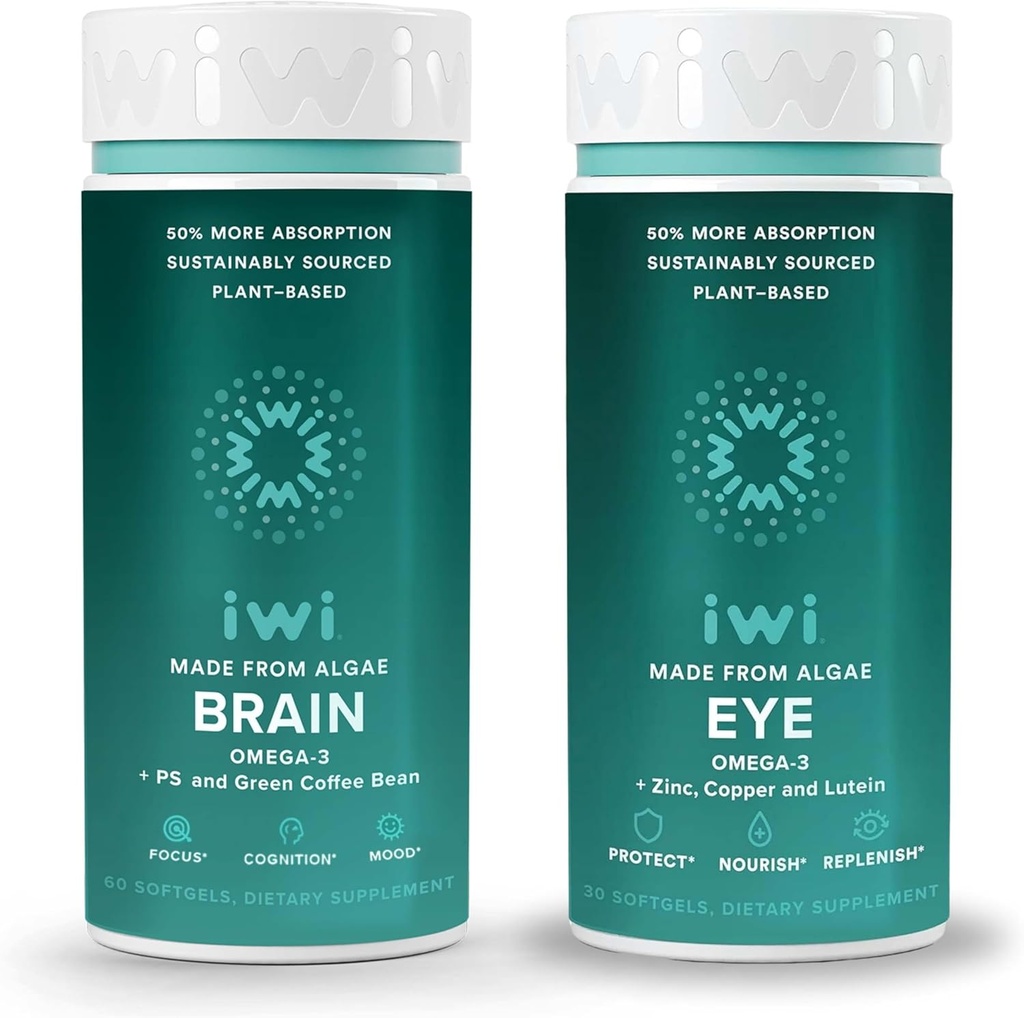 Iwi Life Brain & Eye Omega-3 Bundle, 30 serveringer, Vegan Plant-basert Algae Omega 3 med EPA + DHA, Krill & Fish Oil Alternativ, No Fishy Aftertaste