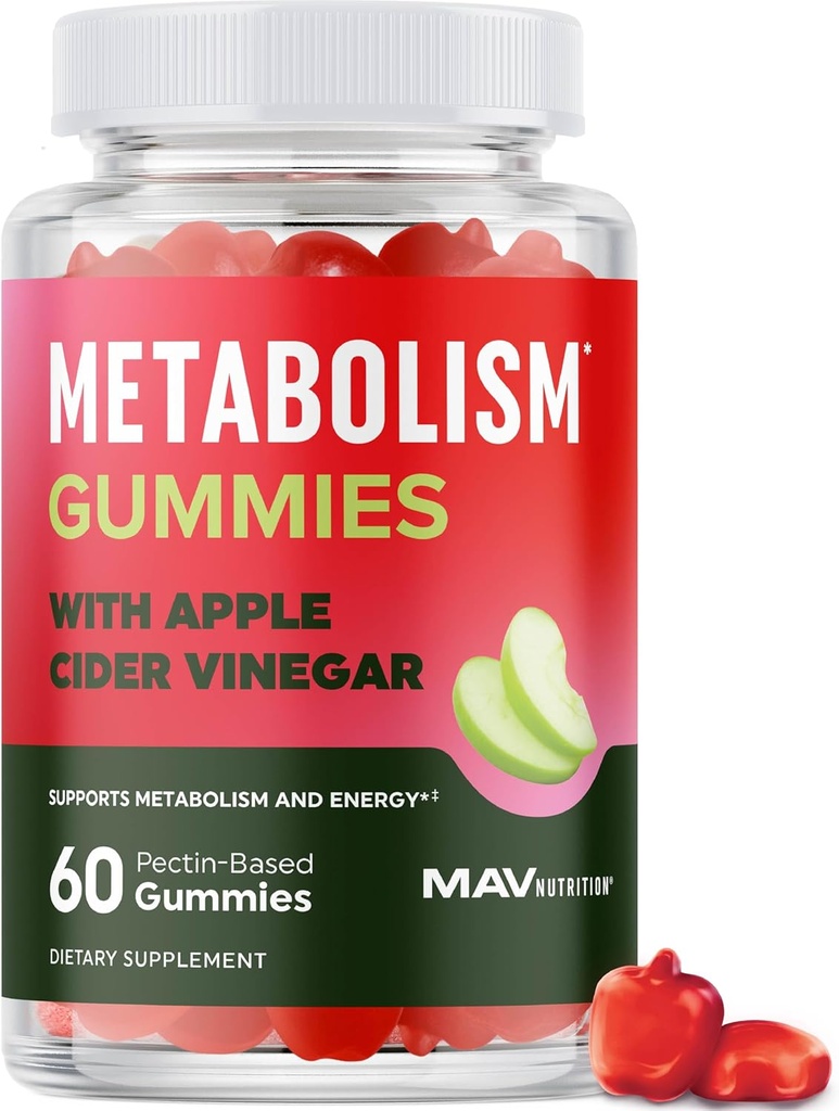 Metabolisme Gummies med Apple Cider Vinegar ® Energi, Digestion & Lean Body Mass Support ® Apple Cider Vinegar Gummies med Moren, B12 & Folate | Metabolisme støtte for kvinner og menn ® 60 Ct.