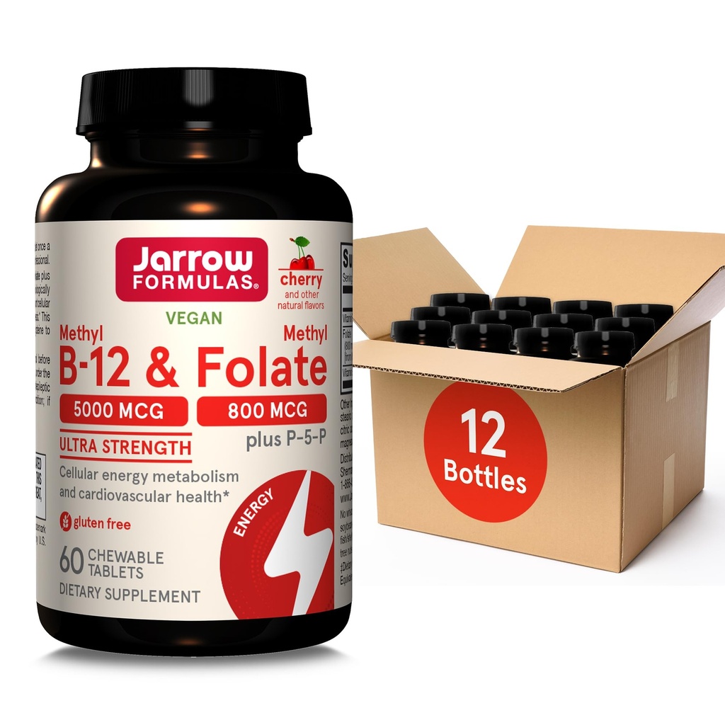 Jarrow Formler Ultra Styrke Metyl B-12 5000 mg & Metyl Folat 800 mg + P-5-P, Supplement for cellulær energimetabolisme og kardiovaskulær støtte, 60 Chewable tabletter, 60 dagers forsyning, 12 pakker