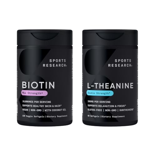 Idrettsforskning Vegan Biotin 10 000mcg med kokosolje Max styrke vitamin B7 120 Softgels (4 måneders forsyning) og dobbel styrke L-Theanine Supplement for fokus, avslapning og varsling 200mg 60 greve