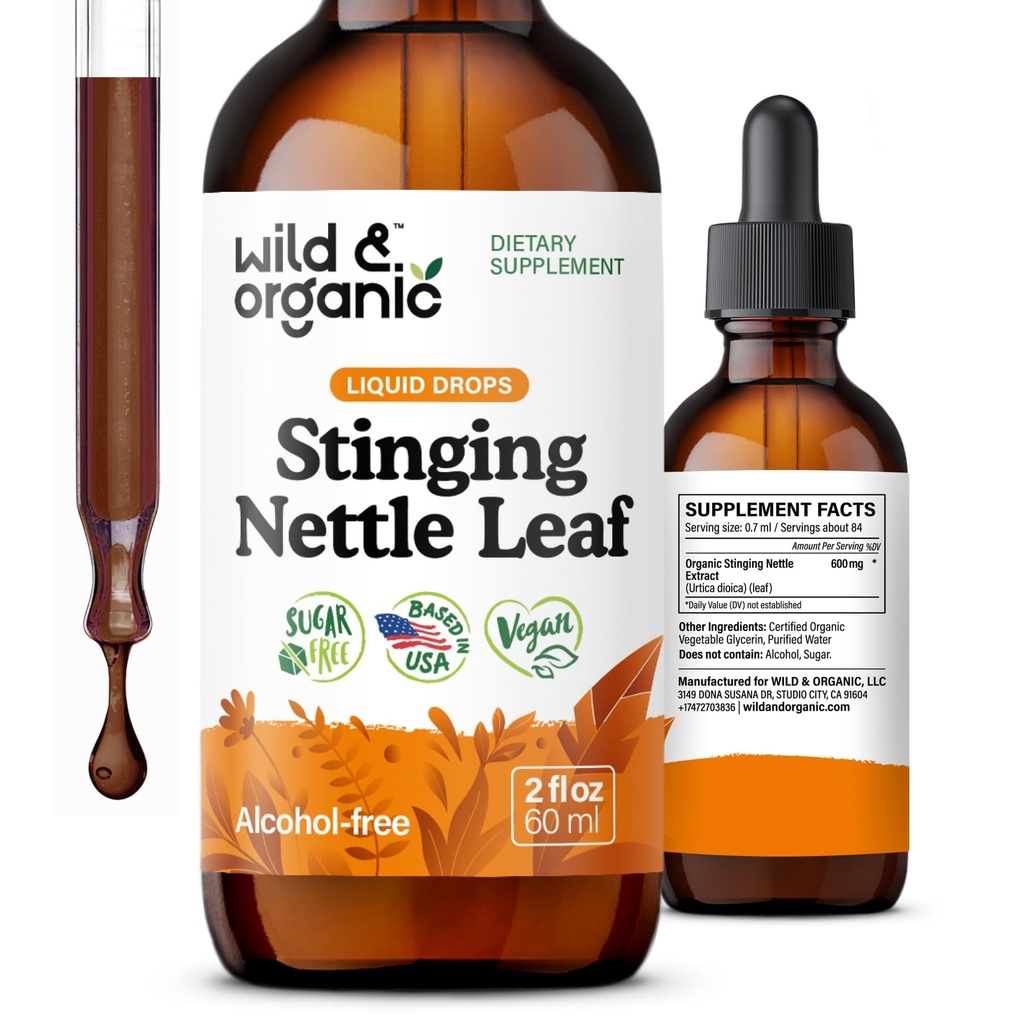 Wild & Organic Stinging Nettle Leaf Extract Dråper - Urin Tract Support - Flytende Stinging Nettle Supplement - Urtica Dioica Tinktur - 2-måneders forsyning - Vegan, sukker og alkohol-fri - 2 fl oz