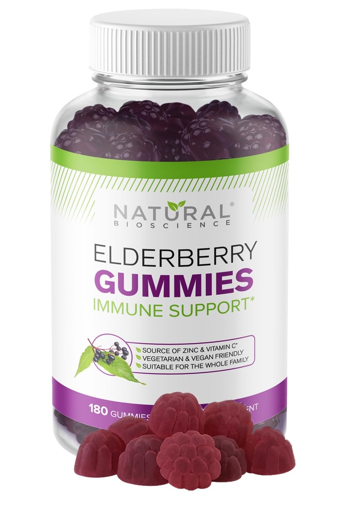 Naturlig bioScience Sambucus Elderberry Gummies med vitamin C & sink, immun støtte for voksne og barn, daglig antioksidant og velvære Boost, 180 Vegan, Glutenfri, Chewable Elderberry Gummies