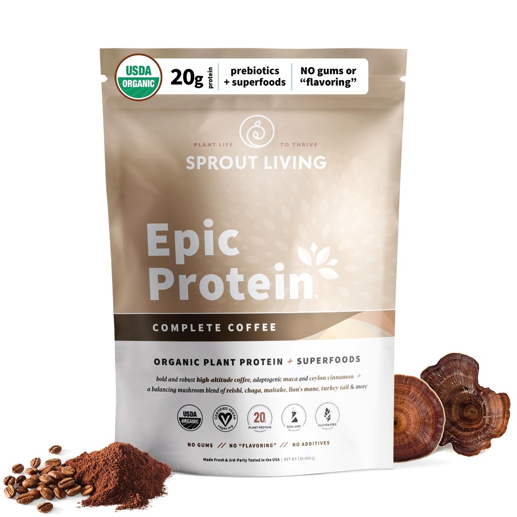 Sprout Living, Epic Protein, Plant Basert Protein & Superfoods Powder, Komplett Kaffe | 20 Grams Organic Protein Powder, Adaptogens, Mushrooms, Vegansk, Ikke-GMO, Glutenfri (1 pund, 12 serveringer)