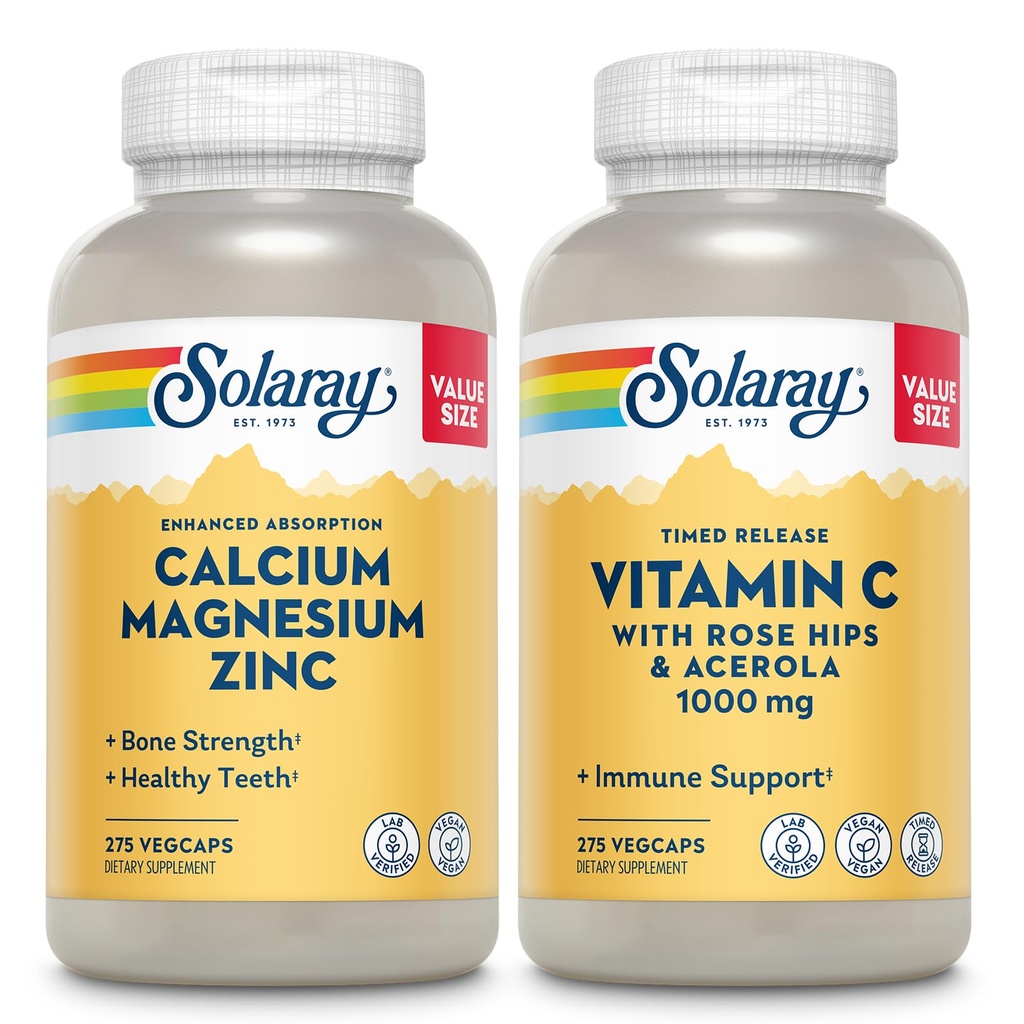 SOLARAY Kalsium Magnesium Sink og tidsbestemt frigjøring vitamin C - Bein Helse, Immunstøtte Bundle, 1000 mg Kalsium, 500 mg Magnesium, 1000 mg Vitamin C Supplement, Vegan, 60-dagers garanti, 275 Vegkaps Hver