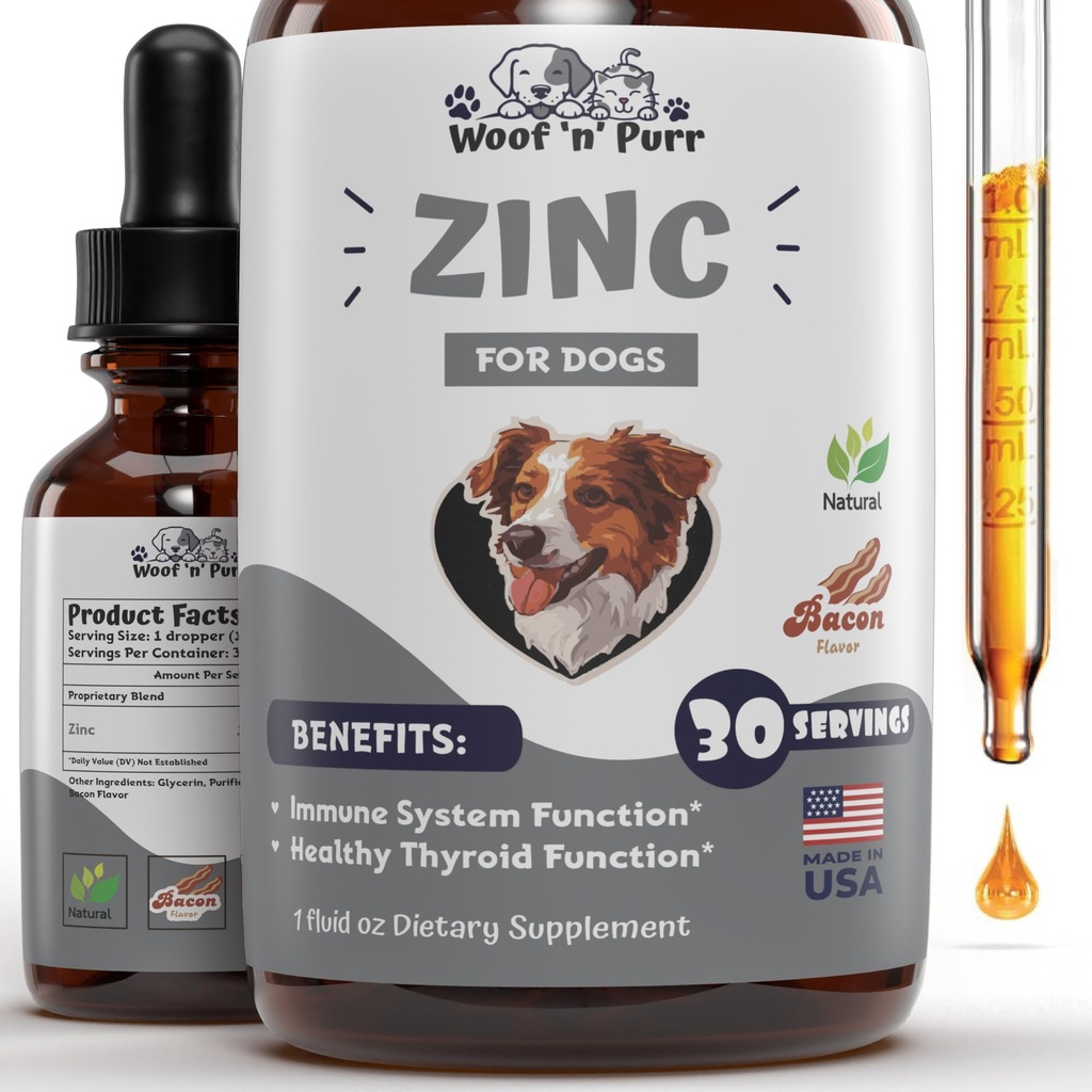 Sink for hund - Hunde Sink Supplement - Hjelper til å støtte sunn hud, Coat, immun helse og mer - Hunde Sink - Hunde hud og Coat Supplement - Hud og Coat Supplement for hunder - 1 fl oz - Bacon Flavor