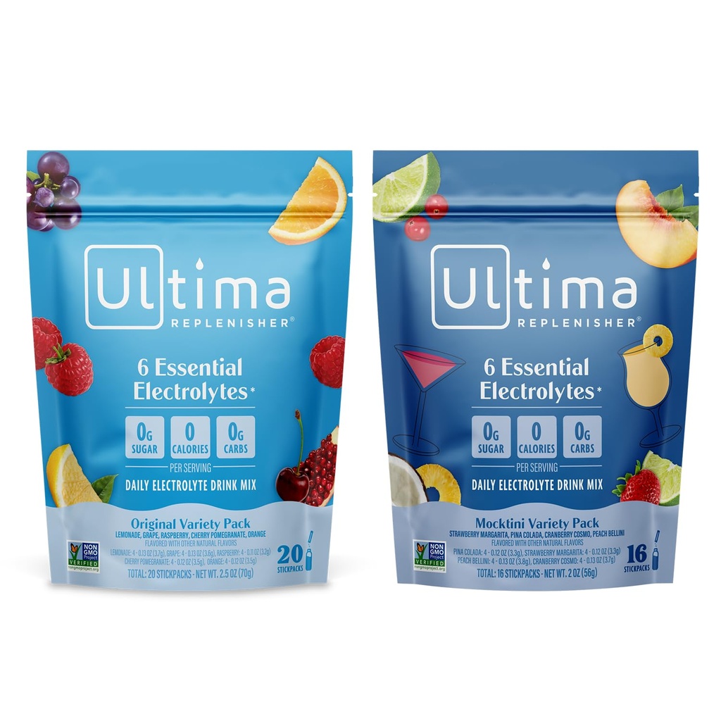 Ultima Replenisher Daglig Electrolyte Powder Drink Mix – Sukkerfri – Mocktini Variety og Original Variety, 36 Stickpacks – Hydration Packets med 6 elektrolyter og mineraler – Keto, ikke-GMO