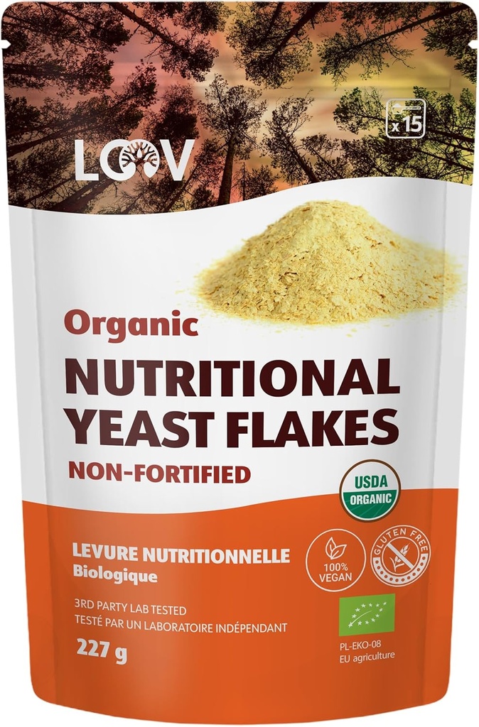 LOOV Organic Non-Fortified Nutritional Yeast Flakes - Vegansk, Glutenfri, Ikke-GMO Ufestet Nooch - God kilde til naturlige B-vitaminer - Ingen tilsatt salt eller sukker - Forseglbar pose, 8 Ounces (227 gram)