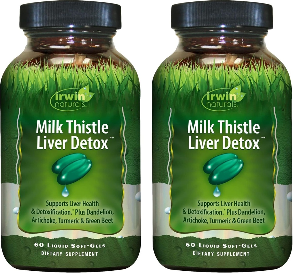 Irwin Naturals Melk Thistle Lever Detox - 60 Flytende Soft-Gels, Pakke med 2 - Støtter Liver Helse med Dandelion, Artichoke, Turmeric & Green Beet Root - 60 Total Services