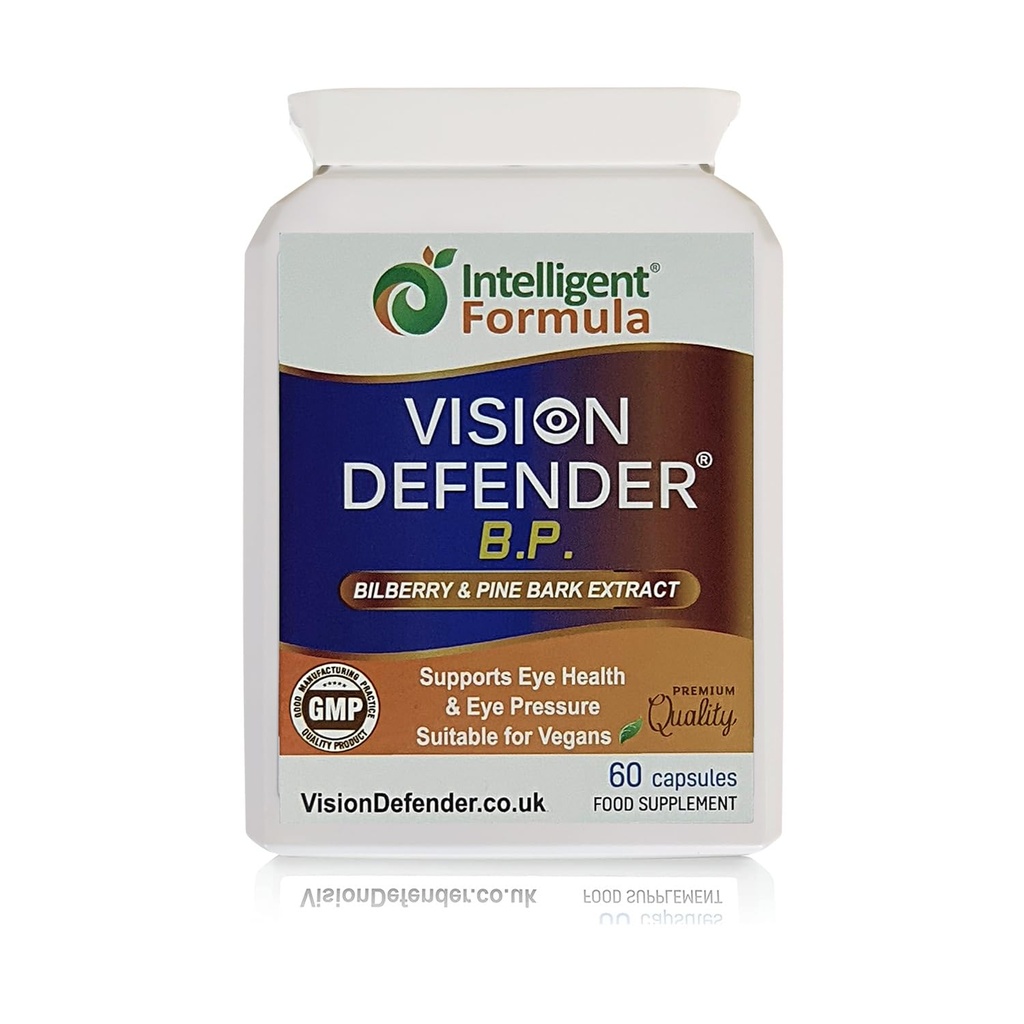 Vision Defender BP Eye Supplement: Bilbær og Pine Bark ekstrakter for øyetrykk og øye helse støtte (60 vegan kapsler)