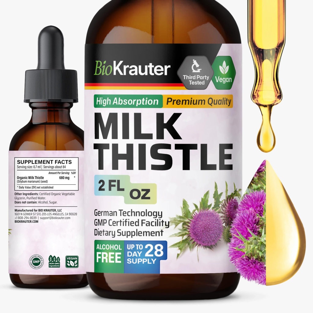 BIO KRAUTER Melk Thistle flytende dråper - Melk Thistle Silymarin Liver støtte Supplement - alkohol & sukker gratis tinktur for Liver Cleanse Detox - 2 Fl. Oz.