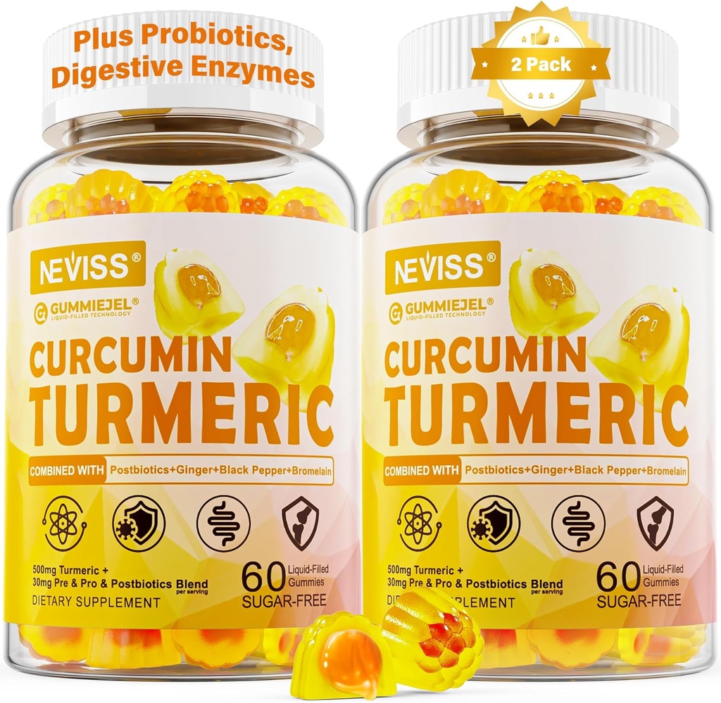 Sugar Free Turmeric Curcumin Fyllt Gummies 550mg for voksne, Ginger & Svart Pepper | 95% Curcuminoids w/Prebiotic Probiotic & Postbiotic Blend, Støtte, Immun & Digestive Helse, Vegan, 2Pack