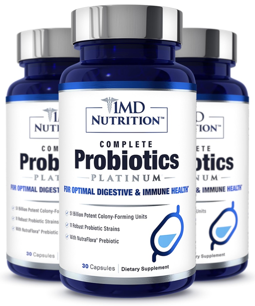 1MD Complete Probiotika Platinum | Støtter Digestiv Helse | med Nourishing Prebiotika, 51 milliarder Live CFU, 11 Strains, Dairy-Free | 30 Grønnsaker Kapsler (3-Pack)