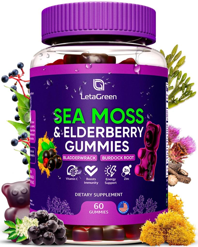Irsk sjø Moss Gummies – Bladderwrack Burdock Root Elderberry Vitamin C & Sink – 60 Vegan Seamoss Gummy Bjørne for voksne Kids Kvinner – Multimineral Elderberry Vitaminer
