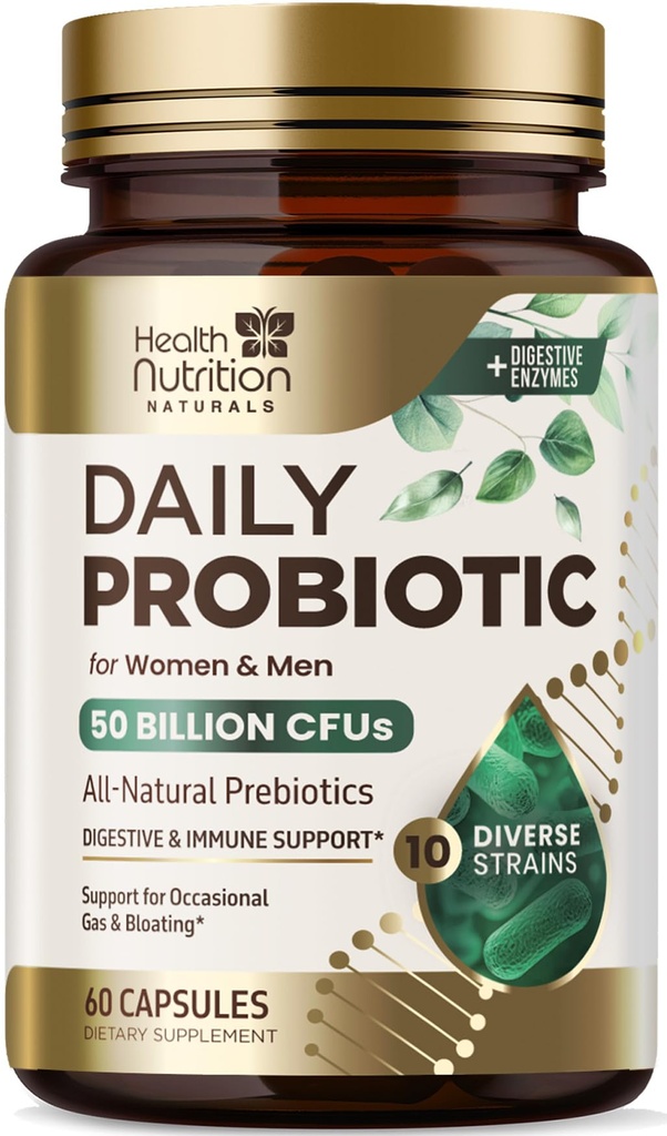 Probiotika 60 milliarder CFU + 10 Strains - Daglig probiotika Lactobacillus Blanding for immun, Digestiv og Gut helse støtte, Prebiotika og probiotika, Gas & Bleating for kvinner og menn - 60 kapsler