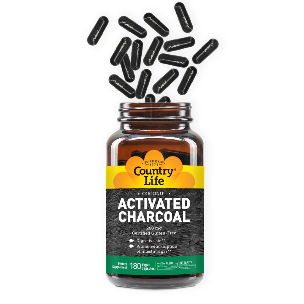 Landlevetid Aktivert organisk kokosnøtt Charcoal Capsules, 260 mg - Naturlig Charcoal Supplement for gass og blomstring relief, Glutenfri, 180 Vegankapsler