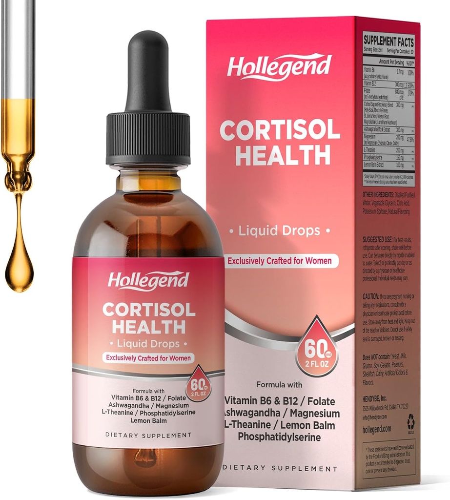 Cortisol kosttilskudd for kvinner, Cortisol wellness flytende dråper, 16 i 1 Cortisol Detox Redusere w. Ashwagandha, Magnesium, L-Theanine, Folate for avslapning og hormonbalanse, Jordbær