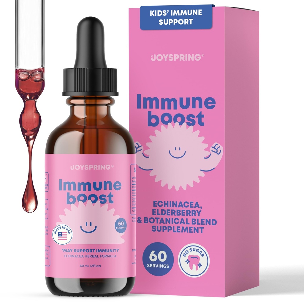 JoySpring Immune Drops - Barn Immune Support Liquid Supplement (2 fl oz) - Echinacea, Elderbær, Oregon Grape Root, Orange Peel, vitaminer A, B6, C - Naturlig støttesystem for barn og voksne
