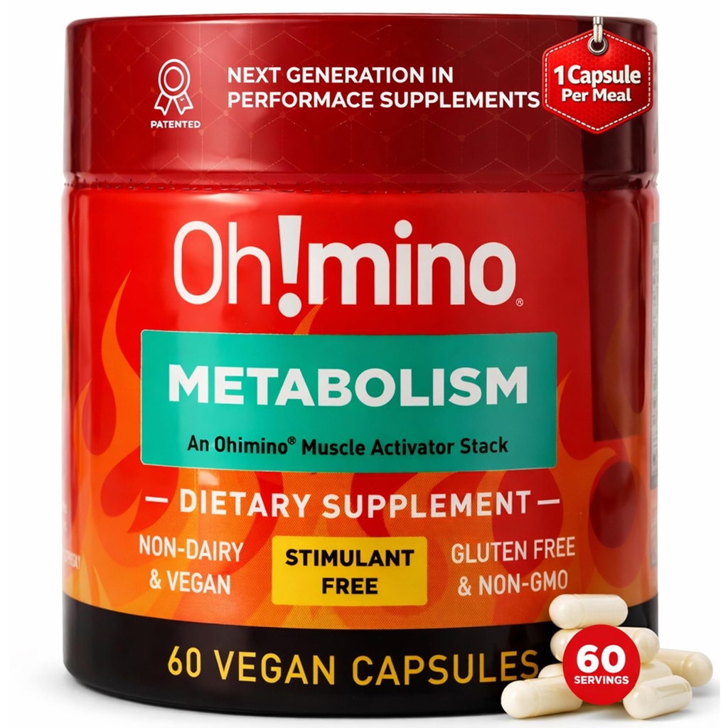 Oh!mino metabolisme støtte Supplement for effektiv fett til energi konvertering w/L-Carnitine, Phenylcapsaicin, & Vitamin B3 - Ikke-Jitters, Stimulant-fri, Vegan, Ikke-Dairy Kapsler (60 Serveringer)