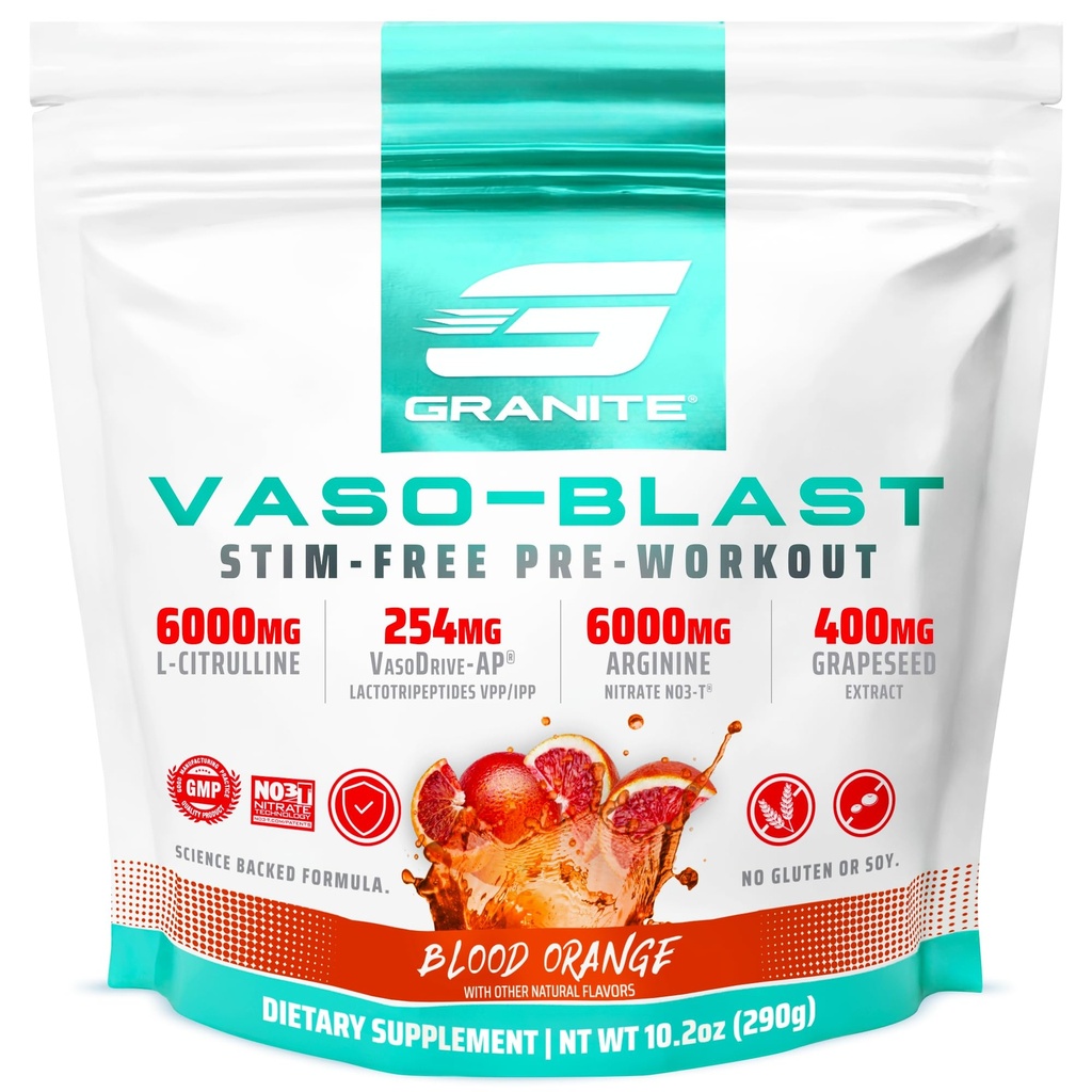 Granitt ernæring Vaso Blast Stim-fri pre trening - ikke-stim nitric oksid støtte for pumpe, fysiologi og muskelkapasitet - blod orange (290g)