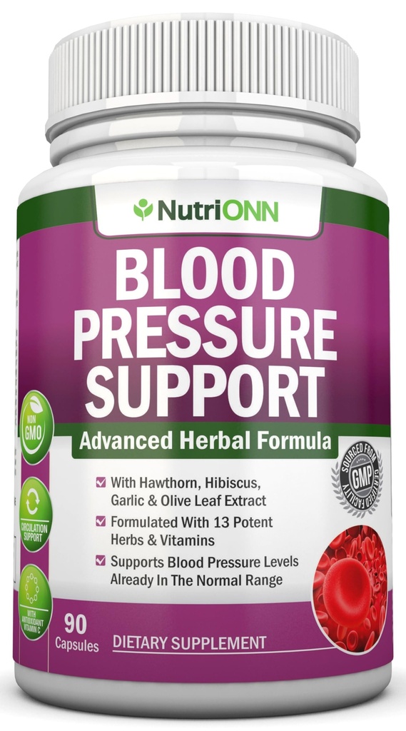 Blood Pressure Support Supplement - 13 urter og vitaminer - med Hawthorn, Hibiscus, hvitløk og olivenblad ekstrakt - naturlig kosttilskudd for kvinner og menn - høy styrke kapsler - ikke-GMO - 90 dagers forsyning
