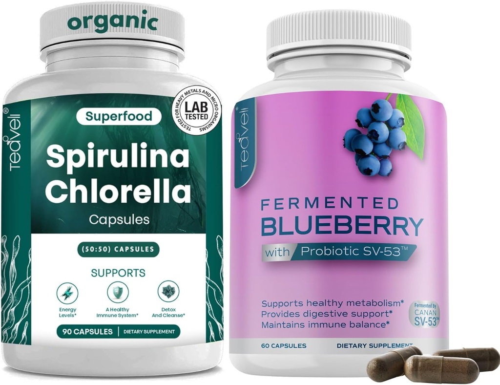 Teaveli Spirulina Klorella og blåbærkapsler