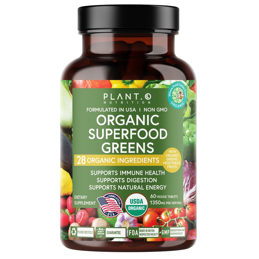 Plant.O Organic Super Greens [Fruit & Veggie Supplement] Høy absorpsjon Antioksidanter fra grønt pulver med Alfalfa, Beet Root, Tart Cherry for immunstøtte, Gut helse, energi, 60 Veggie Tabletter
