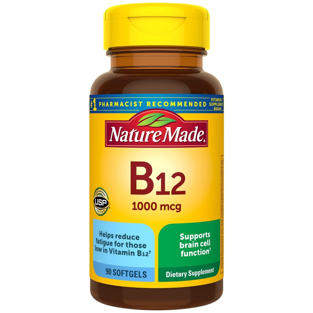 Naturlaget vitamin B12 1000 mikrog, kosttilskudd for energimetabolisme støtte- 90 Softgels.