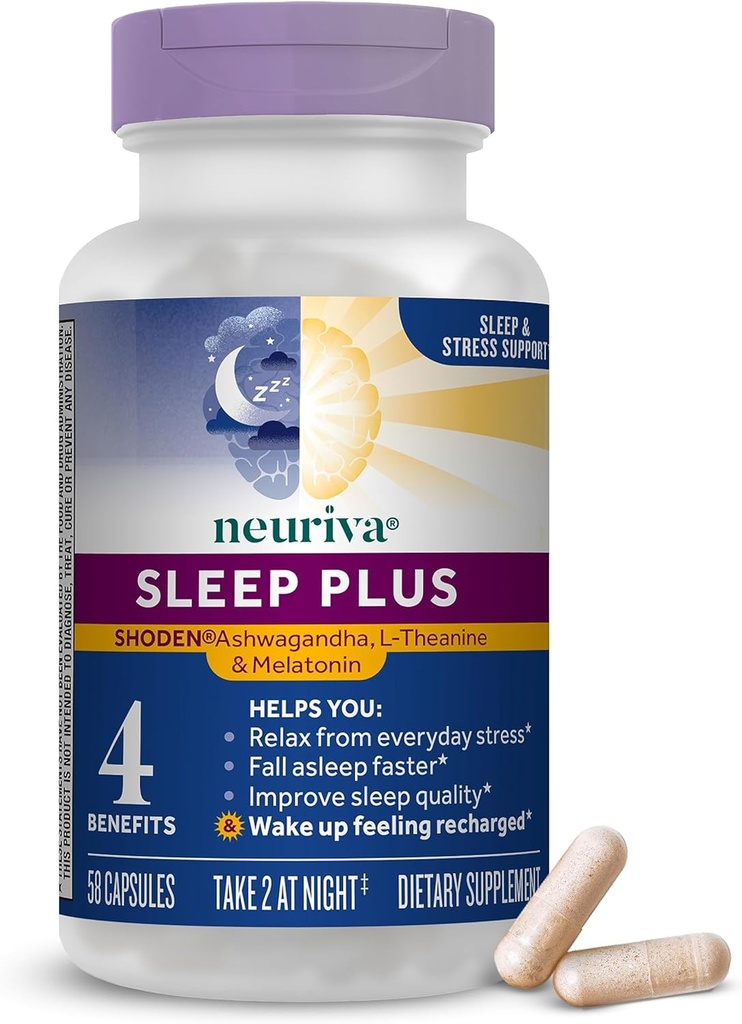 NEURIVA Sleep Plus med 4-i-1 fordeler - klinisk testet Ashwagandha, L-theanin & melatonin - Reduser stress, falle søvn raskere, forbedre søvnkvaliteten, våkne opp forfriskende *, 58ct kapsler