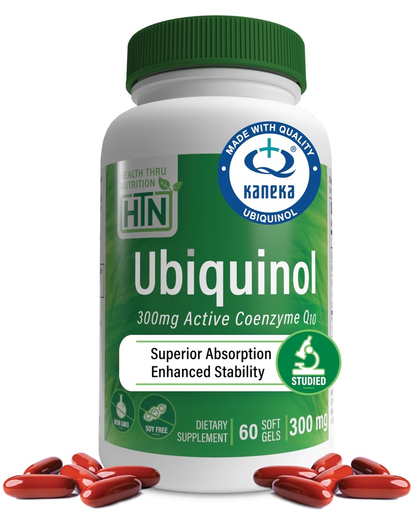 Helse Thru Nutrition Ubiquinol 300mg 60 Softgels som Kaneka QH Redusert CoQ-10 | Stabilisert - 3. parti testet | Forbedret biotilgjengelighet | Cardiovaskulær og Mitokondrier funksjonsstøtte | Ikke-GMO