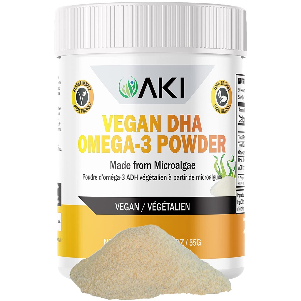 AKI Omega 3 DHA Micro Algae pulver kosttilskudd - Plantebasert keto vitamin for inflammasjon - Alternativ til fisk eller krillolje - Vegan & GMO-fri (1.94oz/55g)