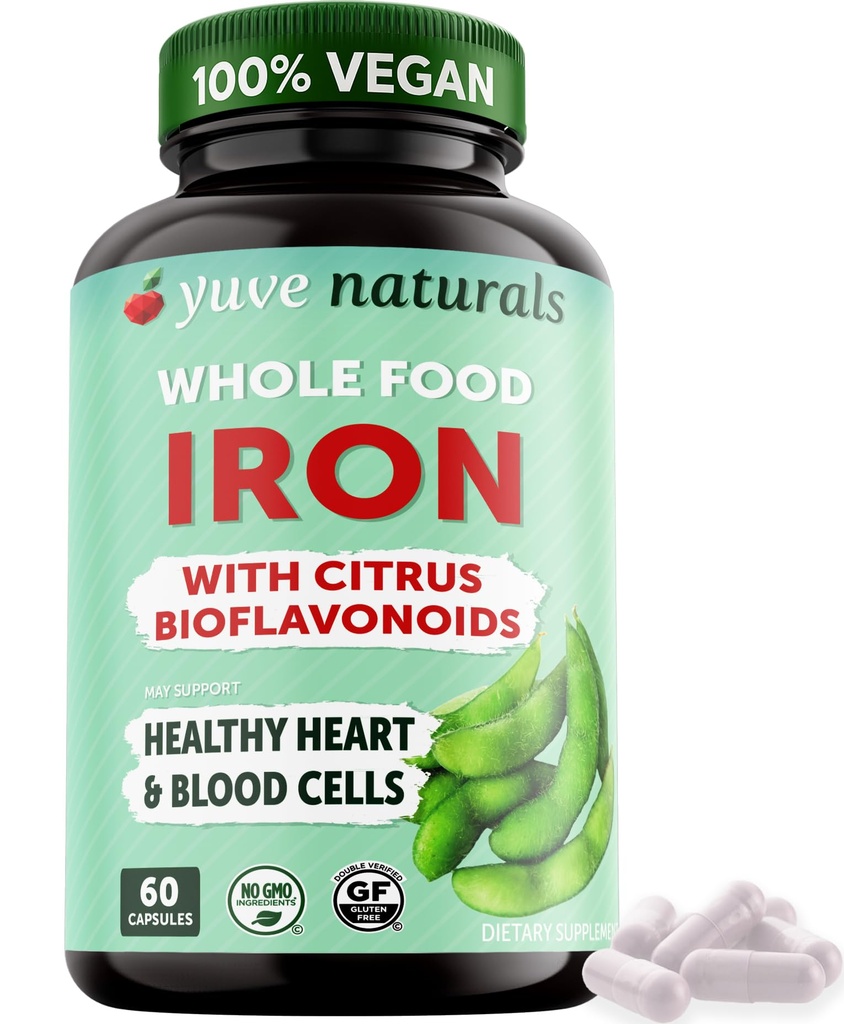 Yuve 100% vegansk hele mat Chelated Iron Supplement 18 mg – smaksfri, ikke-forstoppende, gentle på mage, energi støtte – glutenfri, ikke-GMO, 60 kapsler