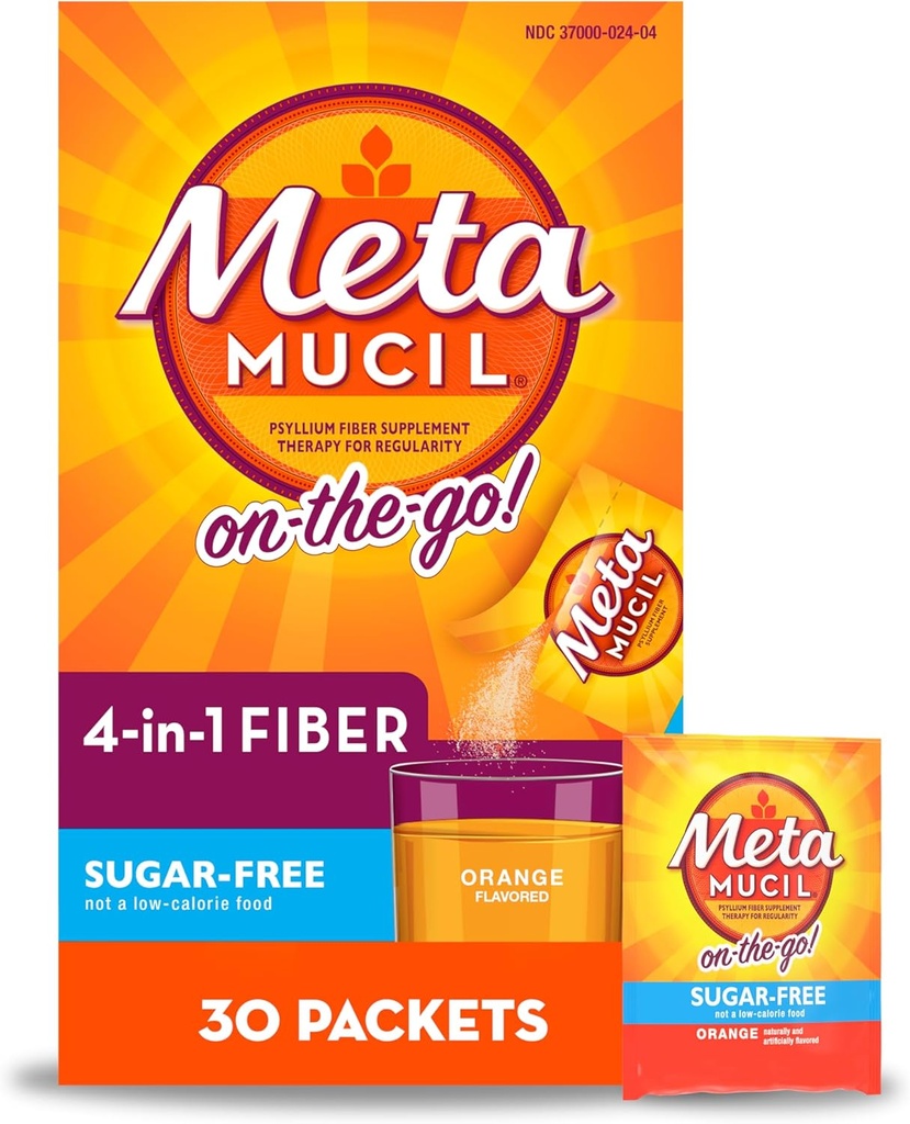 Metamucil On-The-Go, Psyllium Husk Fiber Supplement, 4-i-1 Fiber for Digestive Helse, Sukkerfri, Orange Flavor, 30 Antall x 2 Pakker (60 Antall Totalt)