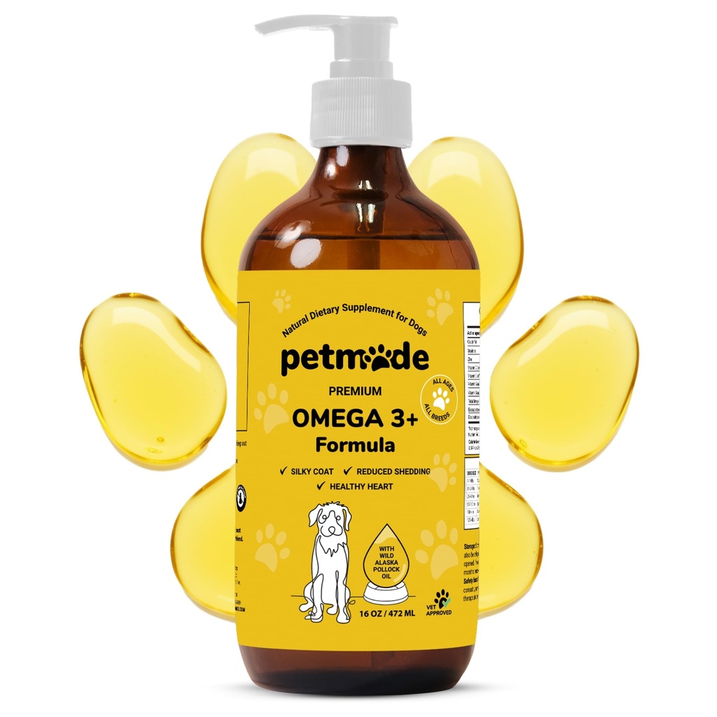 Omega 3 Fiskeolje for hunder Hud og Frakk - Wild Alaskan Pollock Oil for kløende hud - Omega 3 fettsyrer for hunder - flytende EPA & DHA Kosttilskudd - med sink, vitamin C, B2, B7 & E - 16 Fl Oz