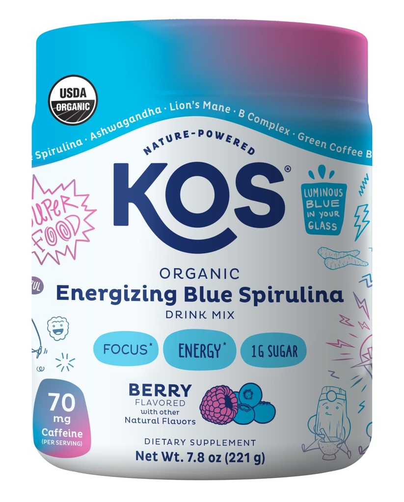 KOS Energising Blue Spirulina Blend - USDA Certified Organic - B vitaminer, Ashwagandha, Ginseng, Adaptogens, Biotin - Vegan Pre Workout pulver - Koffeinert, Berry Flavored, 28 Services