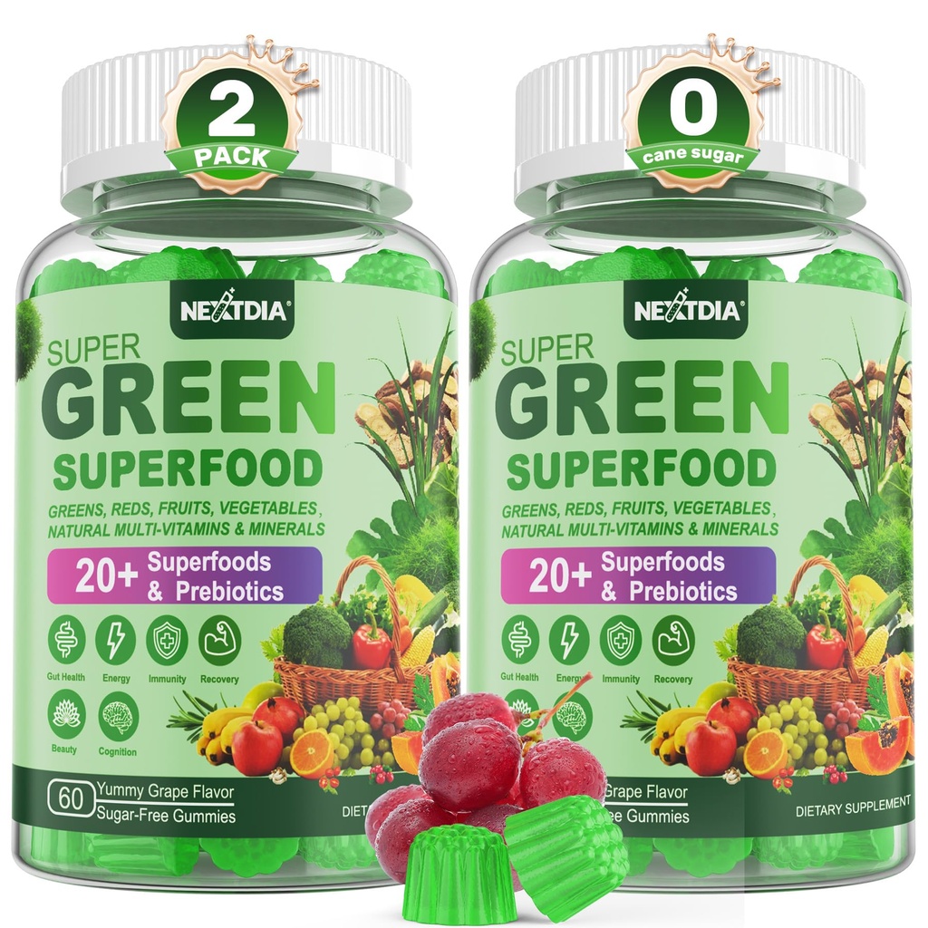 Super Greens Gummies, Grønn Superfood pulver Alternative w/Spirulina, Klorella, Prebiotiske Fiber, Probiotiske, Frukt Veggie, Daglig Frukt Grønnsaker For Digestiv & Gut Helse, Immunitet, Fokus, 120 Cts