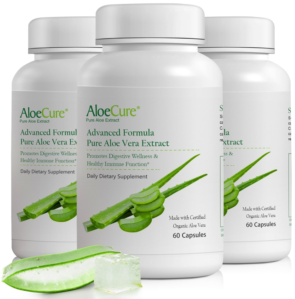 AloeCure Organic Aloe Vera Capsules, 160.000 mg Indre Aloe Leaf Ekvivalent per servering, støtte Gut, Digestive, & Immune Helse, bidrar til å opprettholde balansert magesyre, Aloin Free, 60Caps x 3Btl