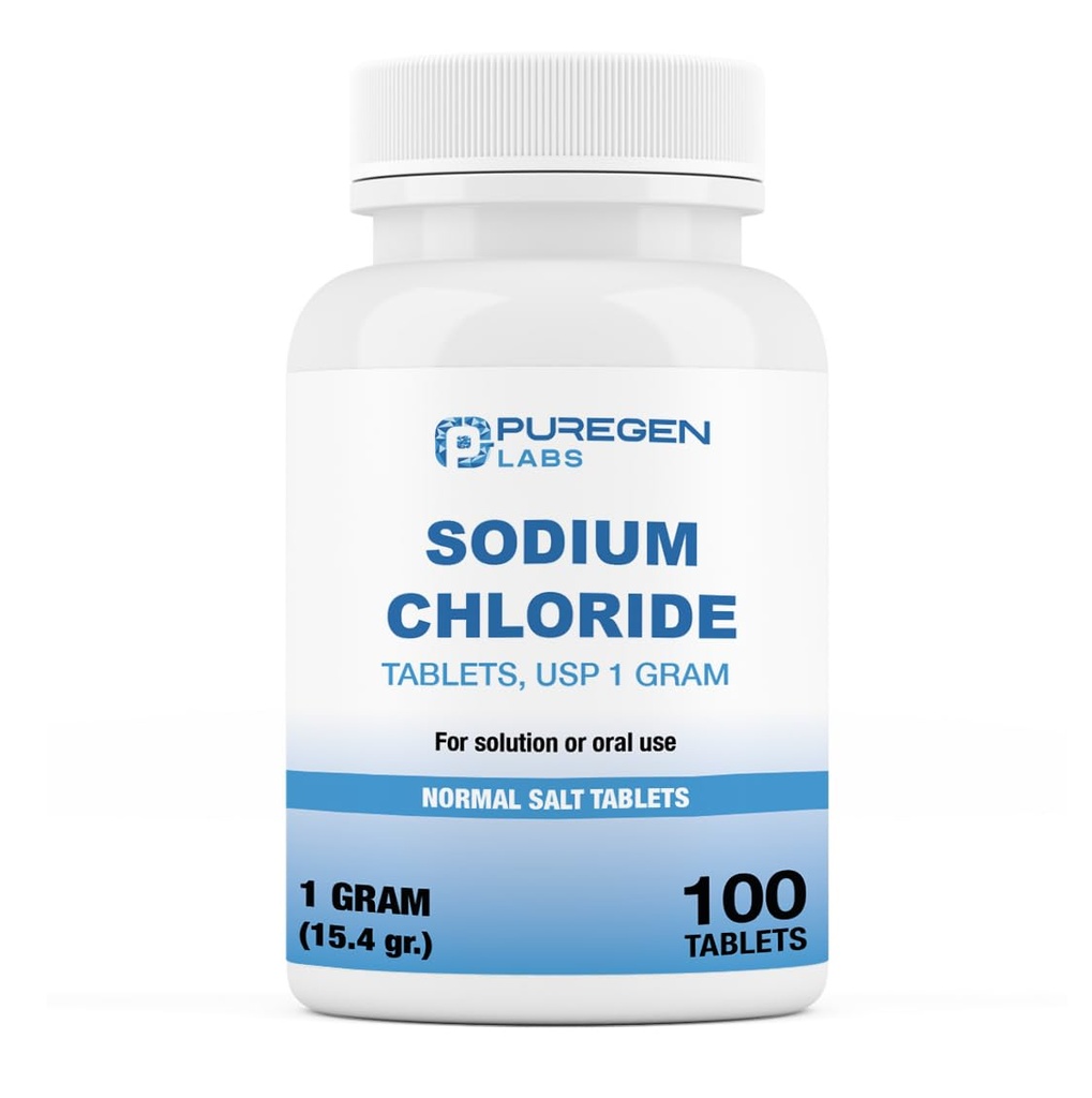 Puregen Labs Natriumkloridtabletter 1 g (1000 mg), USP (15,4gr.) | 100 greve | Normale salttabletter | laget i USA | Electrolytes Replenisher Hydration Drink