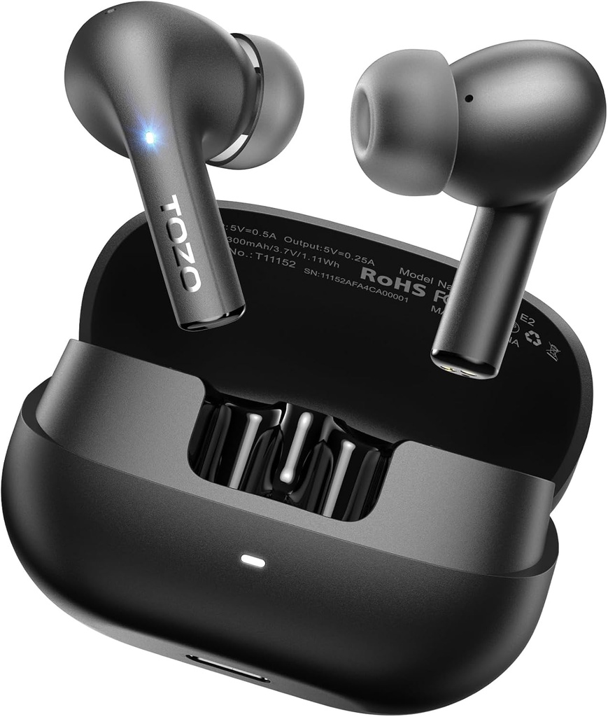 TOZO E2 Trådløse ørepropper 10mm drivere med kraftig bass, App Tilpass 32 EQs, med 2 mikrofoner AI ring støyavbestilling, 30H spilletid, Bluetooth 5.3 øre Buds, komfort Fit i øret hodetelefoner