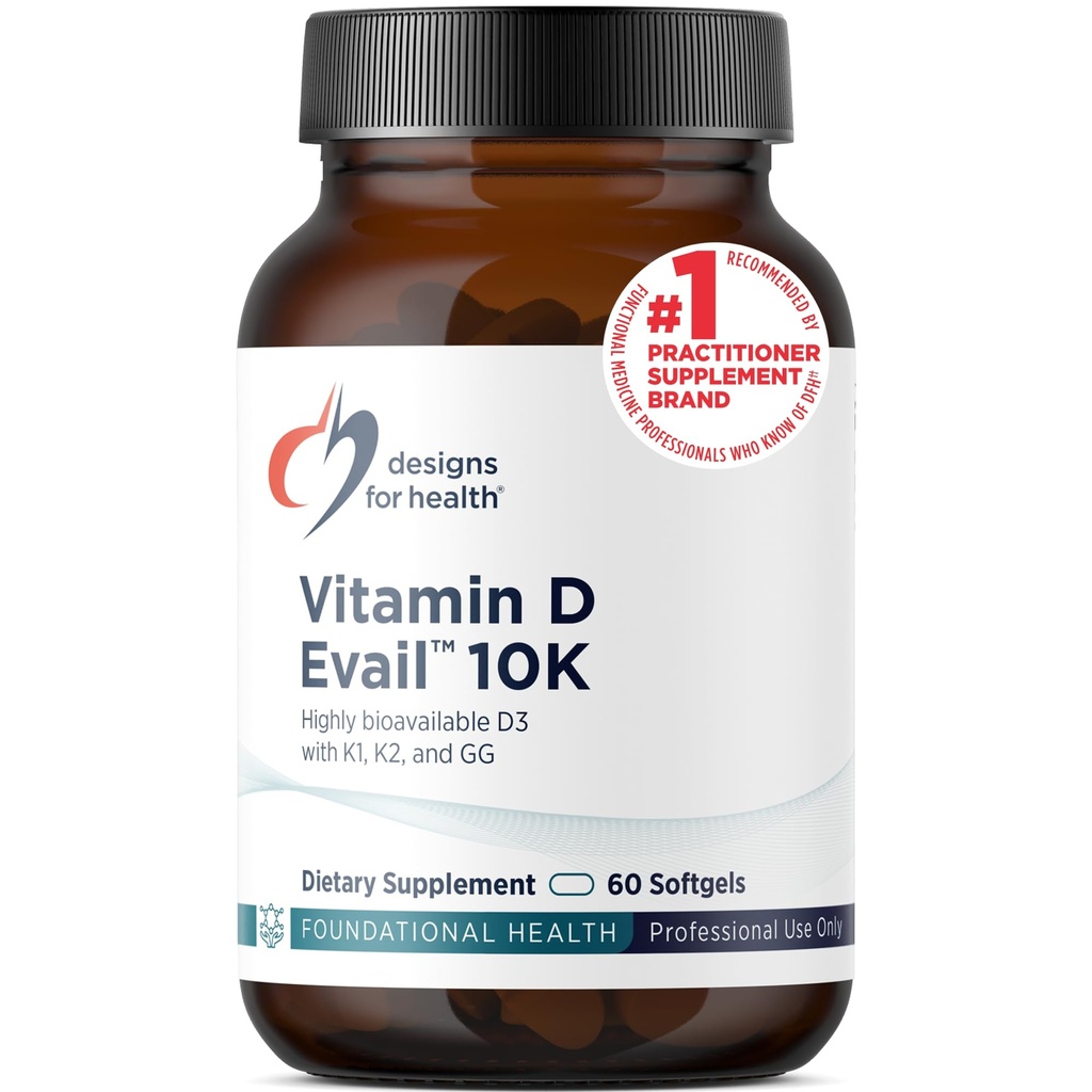 Designer for Helse D-Eavail 10K - 10.000 IU Vitamin D Supplement med vitamin K (K1, K2 som MK-4) + GG - Bein, kardiovaskulær + immunstøtte - Forbedret biotilgjengelighet vitamin D3 (60 Softgels)