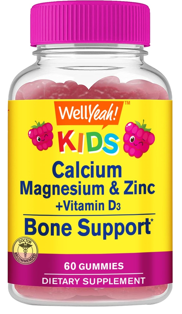Kids kalsium, magnesium, sink + vitamin D3 Gummies by WellJa, Bone, Muskel og Nerve Helse Støtte, Immun støtte | for menn og kvinner | Glutenfri, Ikke GMO | bringebær Flavor | 60 Count