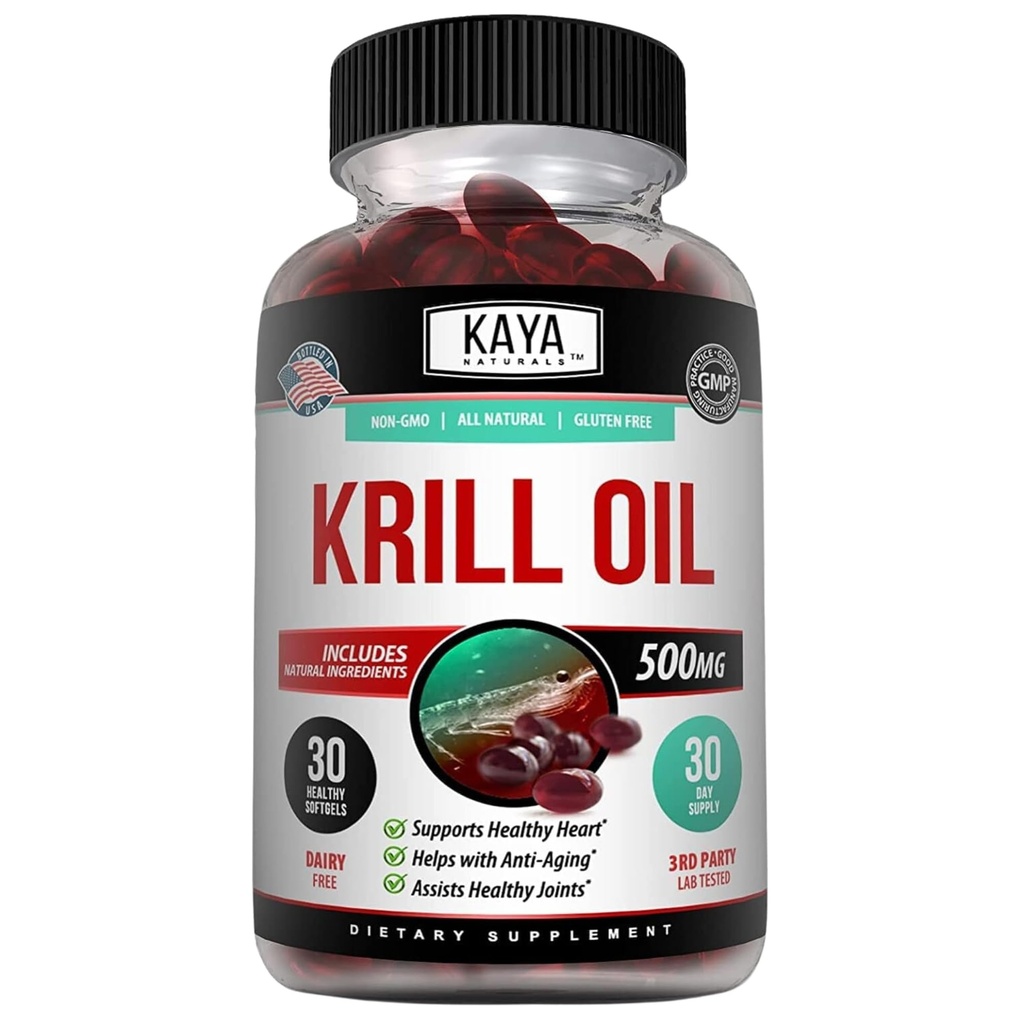 Kaya Naturals - Antarctic Krill Oil 500mg med Omega 3, EPA, DHA, Fosfolipider & Astaxanthin Supplement - Brain & Helse Vitamin - Anti Aging Supplement - 30 Count Softgels