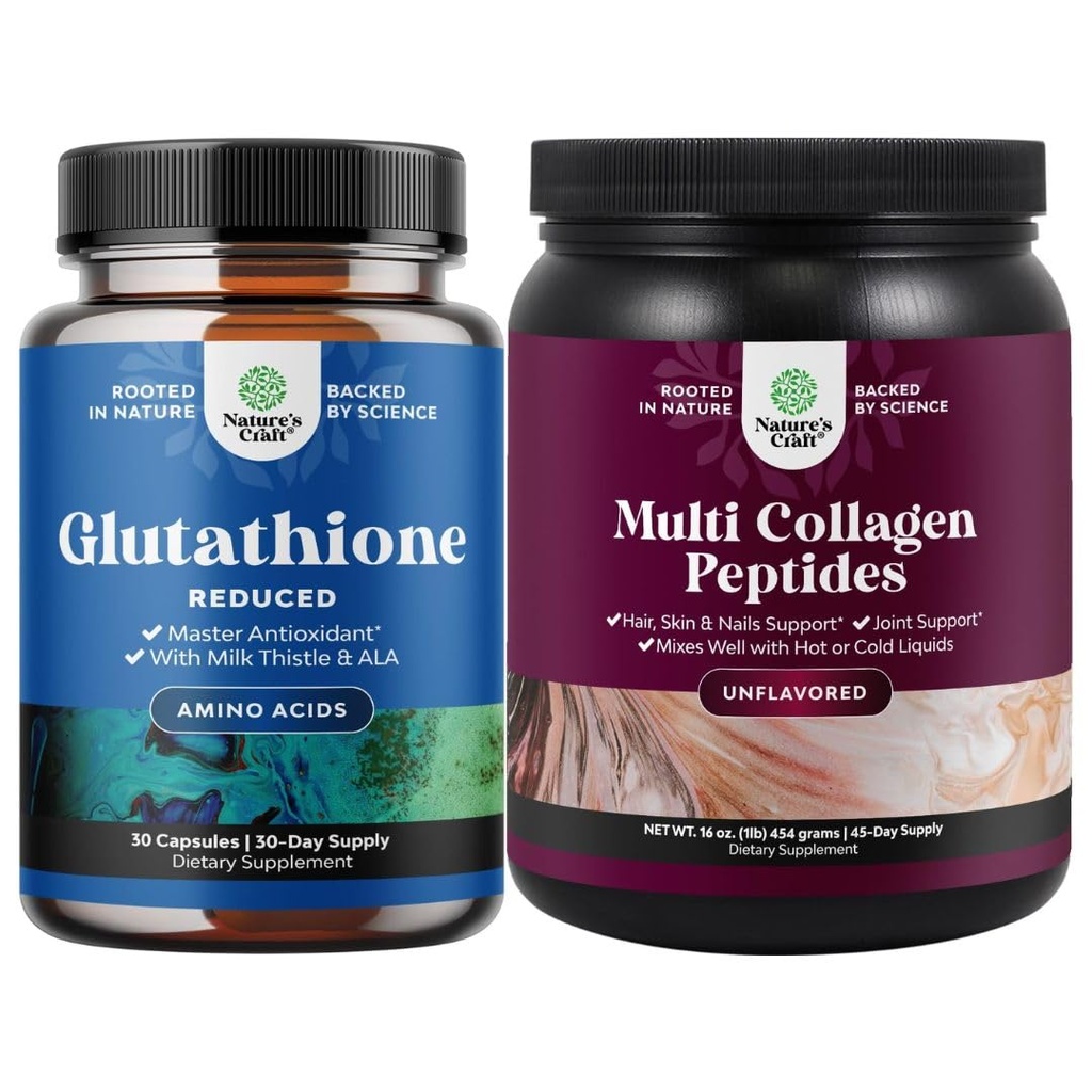 Bundle av redusert glutation Supplement med melk Thistle - 500 mg per servering ren L Glutation og multi collagen protein pulver - keto Hydrolysert collagen Peptides hårhud & negle Vitamis