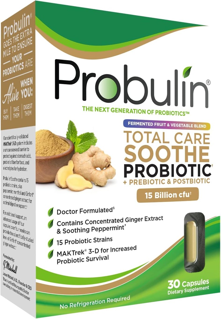 Probulin Total Care Soothe Prebiotic, Probiotic and Postbiotic + Ginger & Mint for Digestive Soothing - 15 milliarder CFU - 15 Strains - 30 Vegan Kapsler
