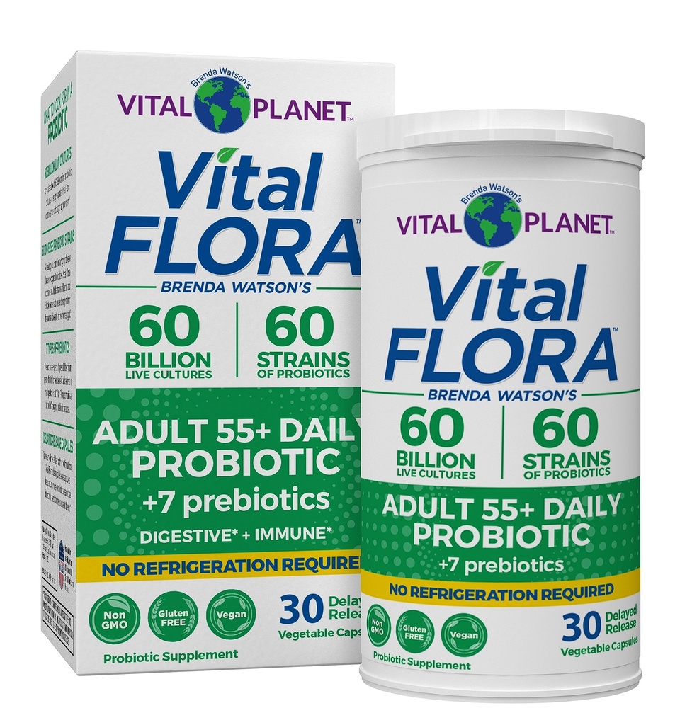 Vital Planet - Vital Flora Adults Over 55 Daily Probiotic 60 Million CFU, Diverse Strains, Organiske Prebiotika, Immune og Digestive Helse Stable Probiotika for kvinner og menn, 30 Kapsler